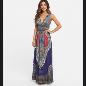 Angie Boho Medallion Print V-Neck Maxi Dress - Purple & Red - Size M